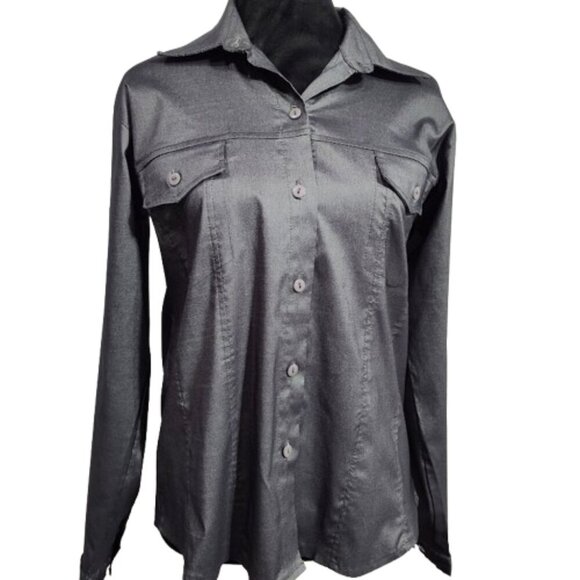Numero Uno Shimmer Grey Buttoned Down Long Sleeve Blouse Women's Large - Picture 1 of 9